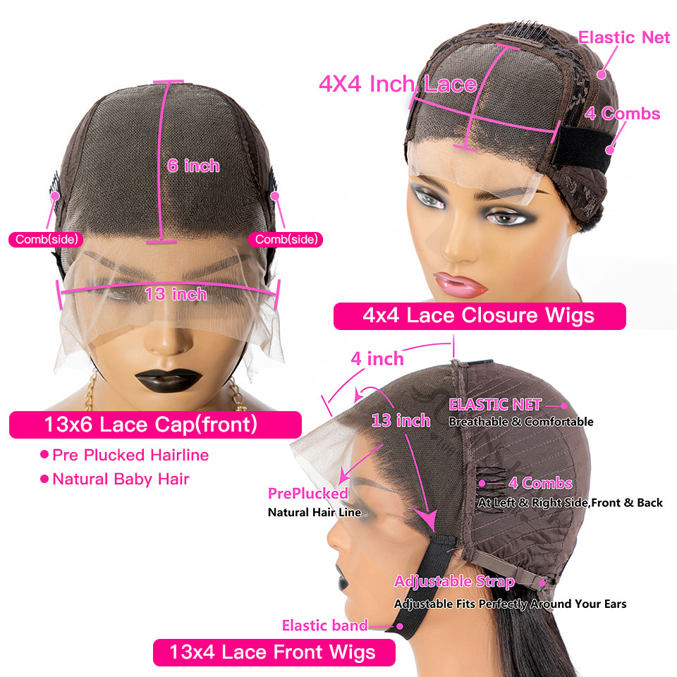 4×4 lace closure wig,4 combs sides, Elastic net & band,13×6 Lace cap front, Adjustable strap,Pre-plucked natural hair line.