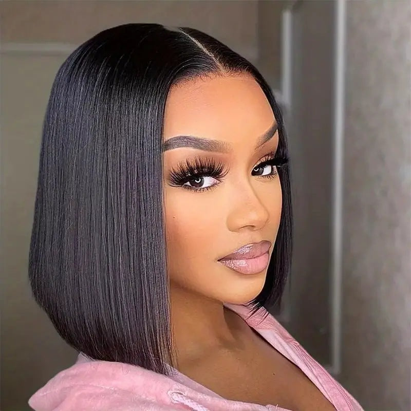 High Temperature Synthetic Fibre, Pre-tied Lace Front Middle-parted Short Straight,Heat & Color Resistant, Elastic Band 1.0 CM Comfortable Does Not Tighten The Scalp, Naturally Smooth & Silky Soft,8 inches,10 inches,12 inches,14 inches.